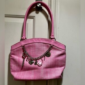 Gerolamo pink straw handbag with charms and chain link